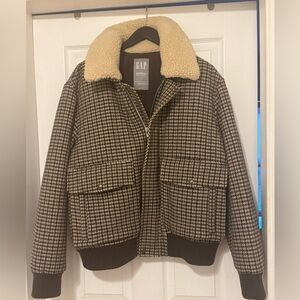 GAP Brown Houndstooth Jacket with Cream Shearling Collar